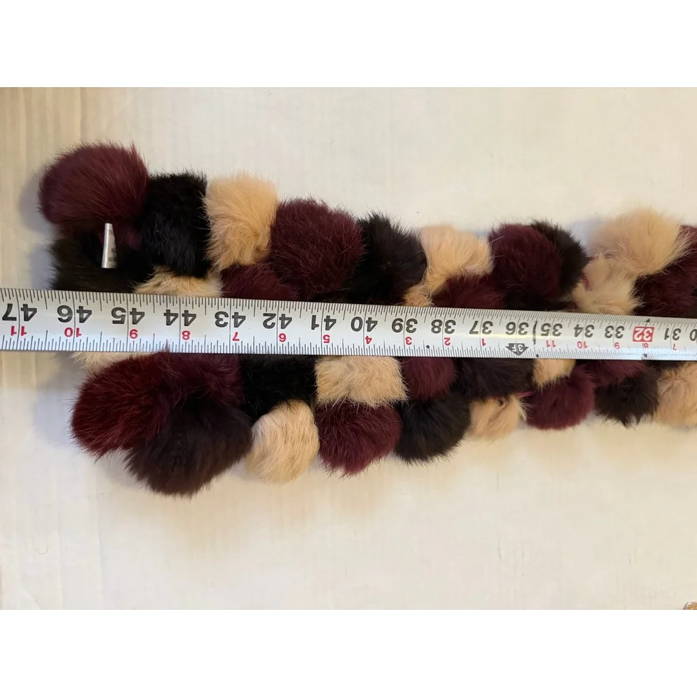 Genuine Rabbit Fur Ball Scarf Wrap Furry Pom Poms W/Cords Multi Luxe Soft